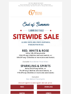 67 Wine & Spirits - Labor Day Sale - Up To 18% Off Every Wine!