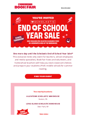 Scholastic - Starts tomorrow for New York educators: Visit the Scholastic End-of-School-Year Sale