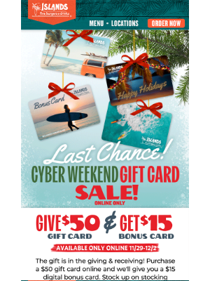 Islands Restaurants - LAST CHANCE! 🎁 Buy a $50 Gift Card, Get a $15 Bonus Card 🎁