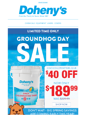 Doheny's Pool Supplies Fast - Groundhog Day Deals Start NOW! ☀️ $40 OFF Chlorine Tabs