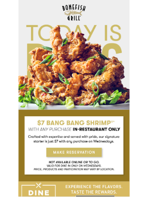 Bonefish Grill - Crispy, creamy, crave-worthy. It’s $7 Bang Wednesday.
