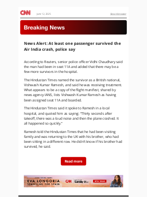 CNN - News Alert: At least one passenger survived the Air India crash, police say