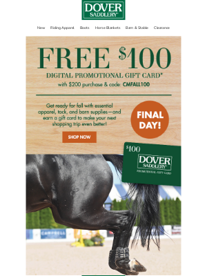 Dover Saddlery - Ends Today: FREE $100 Gift Card with $200+ Purchase