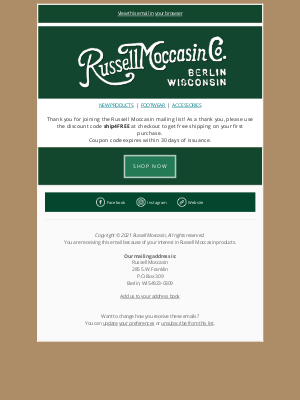 Russell Moccasin Co. - Your FREE Shipping code is here!