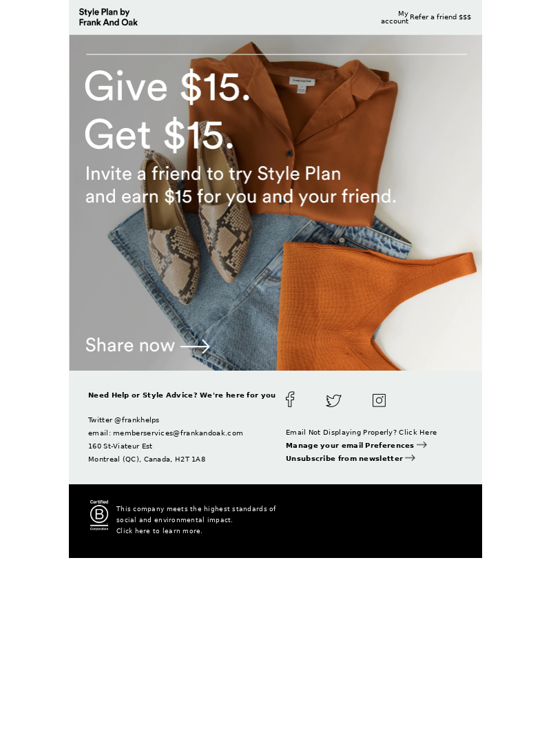 Frank and Oak - Share Style Plan and get $15 credit towards your next order 💰