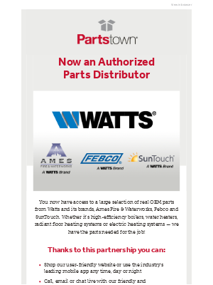 Parts Town - We Are Now an Authorized Parts Distributor for Watts