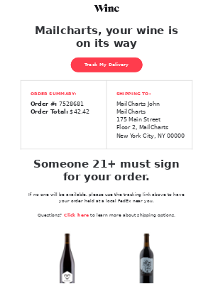 Shipping and delivery email example from WINC