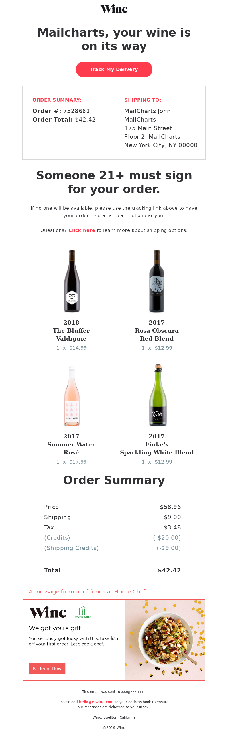 Shipping and delivery email example from WINC