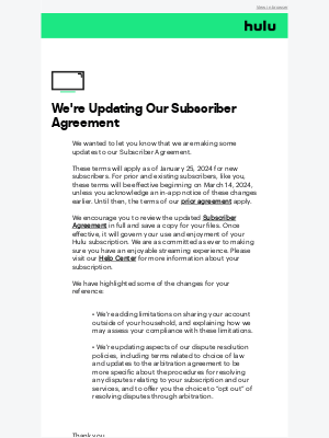 Hulu - We're Updating Our Subscriber Agreement