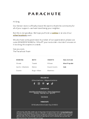 Parachute Home - Parachute Denver: Store Closing + 10% Off Everything