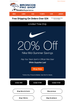 Denver Broncos - Don't Wait! Score 20% Off Nike While Supplies Last!