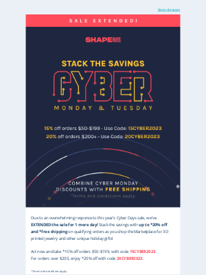 Shapeways - 📣 CYBER SALE EXTENDED–Final hours to save up to 20% + FREE SHIPPING*