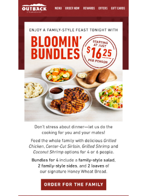 Outback Steakhouse - Dinner. Tonight. Starting at just $16.25 per person. ✅