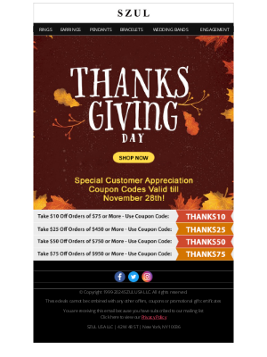 Szul - Special Thanks Giving Coupons - Up to $75 Off On Orders!