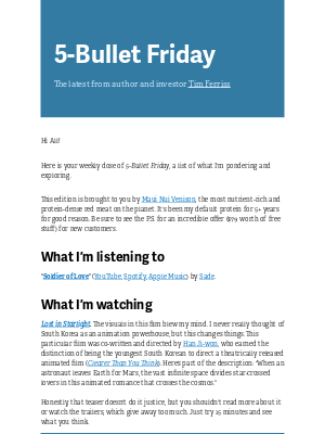 Tim Ferriss - 5-Bullet Friday — Minimalist Podcast Gear, Regaining Your Focus with One Question, Beautiful Animation, and More