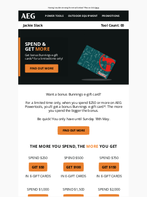 AEG Power Tools (Australia) - Get up to $700 in Bunnings e-gift cards when you buy AEG*