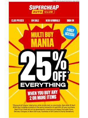Super Cheap Auto (Australia) - 25% off everything when you buy any 2 or more items, starts online Friday!