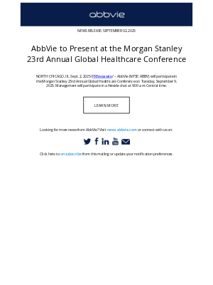 AbbVie - AbbVie Press Release: AbbVie to Present at the Morgan Stanley 23rd Annual Global Healthcare Conference
