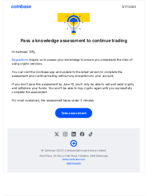 Coinbase - [Action Required] You’ve yet to pass a knowledge assessment