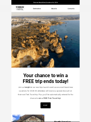 Trek Travel - 🔔 Your chance to win a FREE trip ends today!