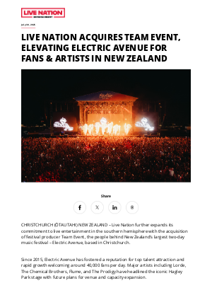 Live Nation Entertainment - Live Nation Acquires Team Event, Elevating Electric Avenue for Fans & Artists in New Zealand
