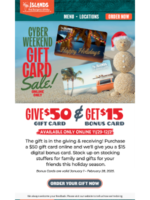 Islands Restaurants - CYBER SALE! 🎁 Buy a $50 Gift Card, Get a $15 Bonus Card 🎁