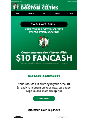 Boston Celtics Store - Celebrate Your Celtics Championship w/ $10 FanCash!