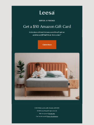 Leesa - $75 off mattresses for a friend and a $50 Amazon Gift Card for you!