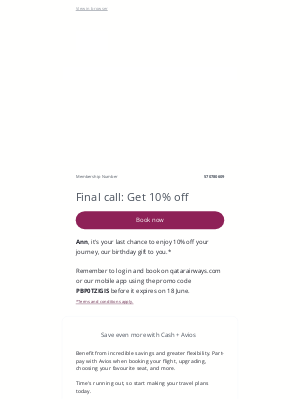 Qatar Airways - Ann, don't miss out on 10% off