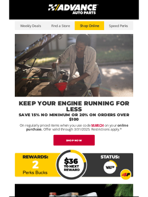 Advance Auto Parts - Keep Your Projects Flowing: 15% Off No Minimum or 20% on Orders Over $100