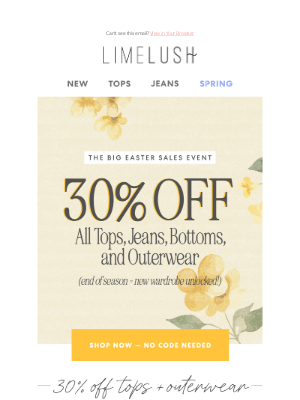 Lime Lush Boutique - The Big Easter Sales Event is LIVE 🌼 30% OFF All Tops, Jeans, Bottoms & Outerwear!