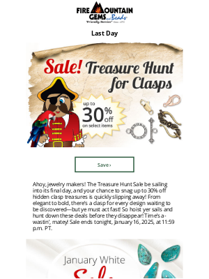 Fire Mountain Gems and Beads - Last Day to Hunt for up to 30% off Clasps!