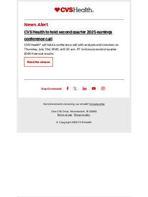 CVS Health - News alert: CVS Health to hold second quarter 2025 earnings conference call