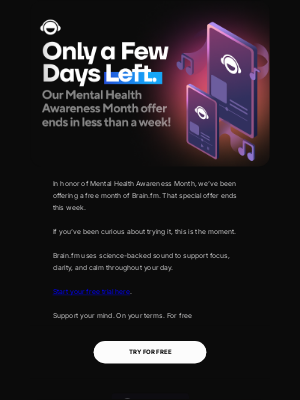 Brain.fm - Ending soon: Free trial for Mental Health Awareness Month