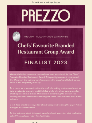 Prezzo (UK) - We've been shortlisted for an award!