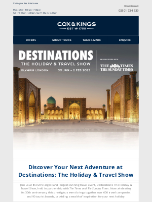 Cox & Kings(United Kingdom) - Join us at Destinations: The Holiday & Travel Show