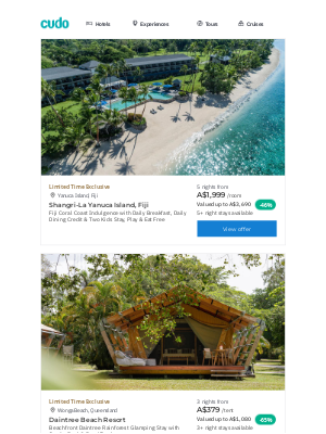 Cudo (Australia) - Fiji Icon is Back! Shangri-La Escape w. Daily Breakfast, Dining Credit & 2 Kids Stay Free | Queensland: Beachfront Daintree Rainforest Glamping | Port Melbourne: 3-Course Dinner w. Glass of Wine