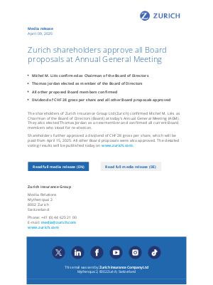 Zurich - CH - Zurich shareholders approve all Board proposals at Annual General Meeting
