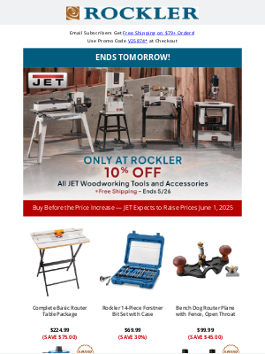 Rockler Woodworking and Hardware - Memorial Day Deals + Exclusive Jet Sale End Tomorrow!