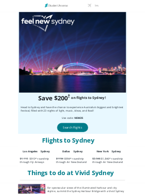 StudentUniverse - Anyone want to go to Vivid Sydney? $200 off flights to Sydney!