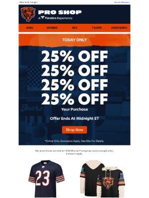 Chicago Bears - 25% Your Entire Order Ends Today!