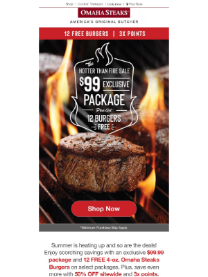 Omaha Steaks - Exclusive $99 package + 12 FREE burgers inside!