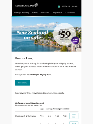 Air New Zealand - Lisa, NZ on sale from $59 seat one way