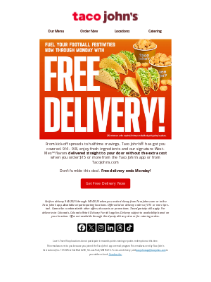 Taco John's - FREE delivery is here! Game day just got better.