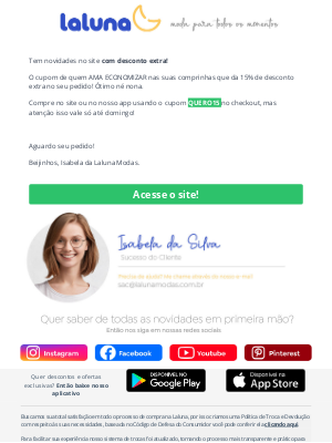 LaLuna (Brazil) - 🛍️ Cupom QUERO15: 15% OFF só até domingo, nona! Aproveite já!