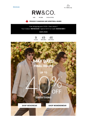 RW&CO.(Canada) - Up to 40% off everything ends in 3... 2... 1 ⏰