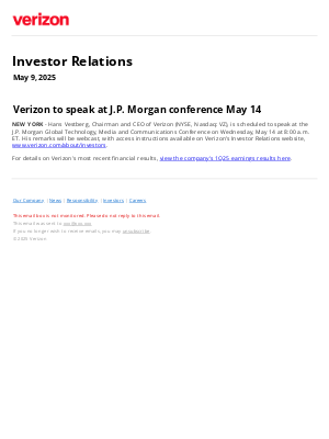 Verizon - Verizon to speak at J.P. Morgan conference May 14