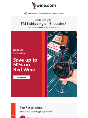 Wine - Free shipping ends TONIGHT + Up to 50% off red wine