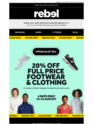 Rebel Sports (Australia) - Afterpay Day! 20% off selected full price footwear & clothing.