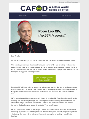 CAFOD (Catholic Agency for Overseas Development) (United Kingdom) - Welcome, Pope Leo XIV